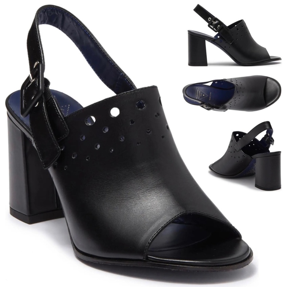 VALENTINA RANGONI Carmine Block Heel Peep Toe Mule Black Leather Heeled Sandals - Picture 4 of 11